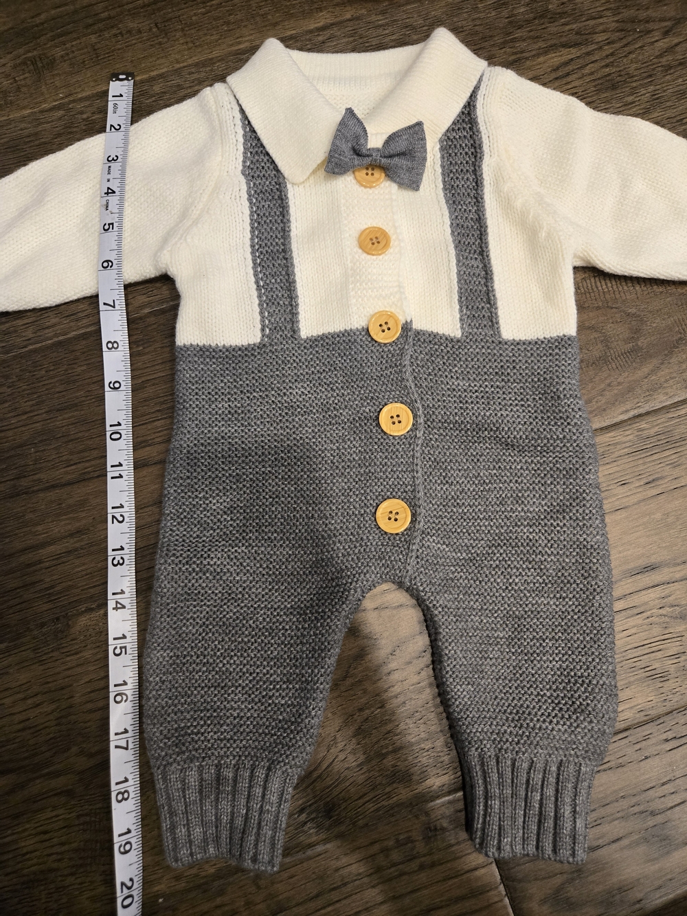 Cream and Gray Knit Baby Overalls with Bow - Classic Dressy Bottoms